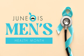 Blue ribbon and stethoscope on color background. Prostate cancer awareness concept