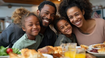 A loving Brazilian family gathers around a table filled with delicious food, sharing laughter and joy as they enjoy each other's company. The warmth of their connection fills the cozy space