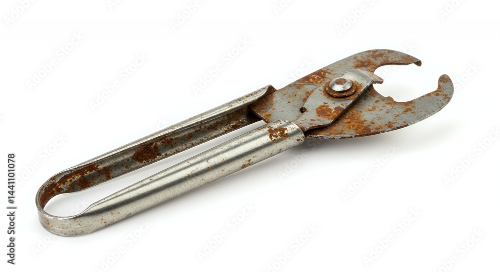 Poster rusted metal can opener broken isolated on white backdrop symbolizing the struggle clean studio obje