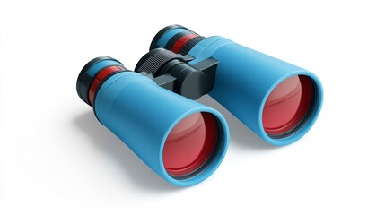 Blue Binoculars with Red Lenses Isolated on White Background for Exploration and Observation