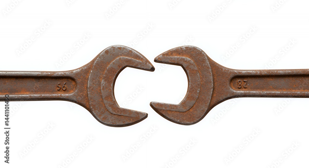 Poster rusted wrench split in two on white backdrop emphasizing damage and post apocalyptic lost trade with