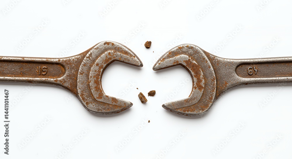 Poster rusted wrench severed in two isolated on white background showcasing mechanical failure and corrosio