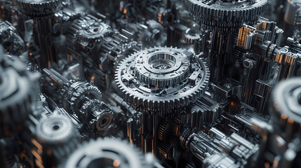 Close up view of an array of complex metal gears cogs and components in an industrial metal stamping plant that produces parts for the automotive industry. Psyforge Gear. Illustration