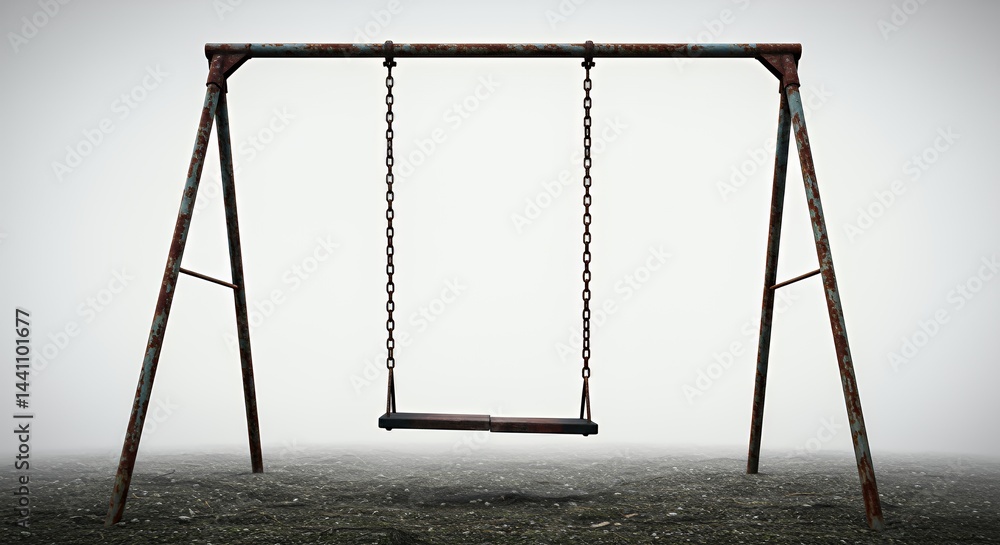 Poster rusty broken swing set isolated on white background symbolizing lost innocence and time weathered te