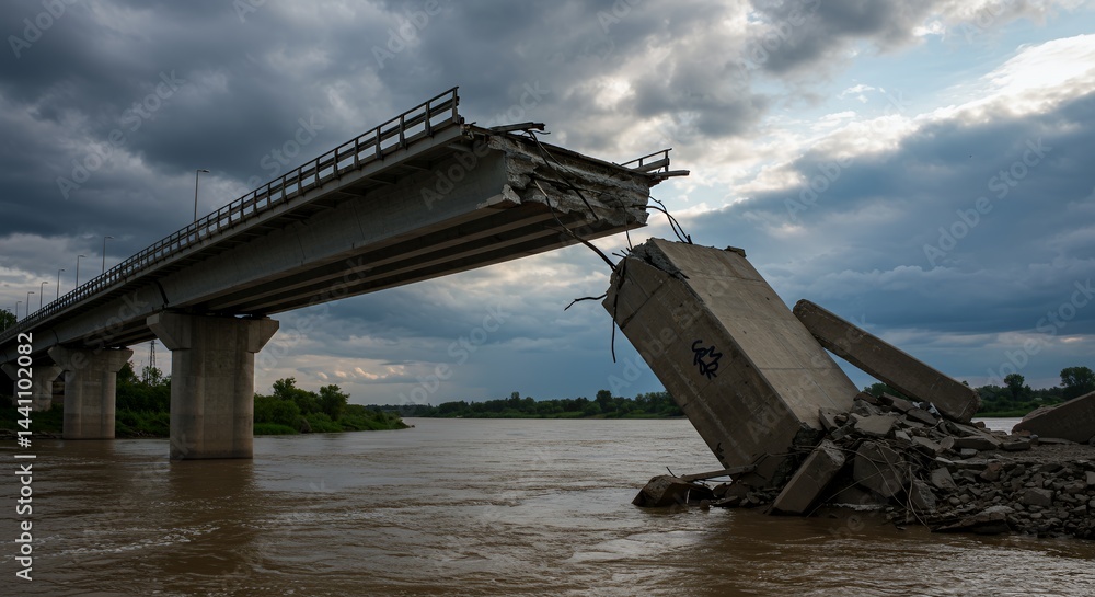 Poster severed concrete bridge span over churning river with collapsed midsection and overcast sky displayi