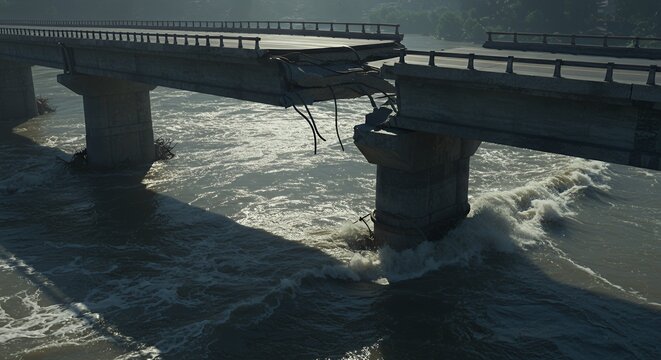 Severed Concrete Bridge Midspan Collapsed over Rushing River Waters in Natural Daylight Shows Dramatic Structural Failure Hazard and Isolated Broken Sections