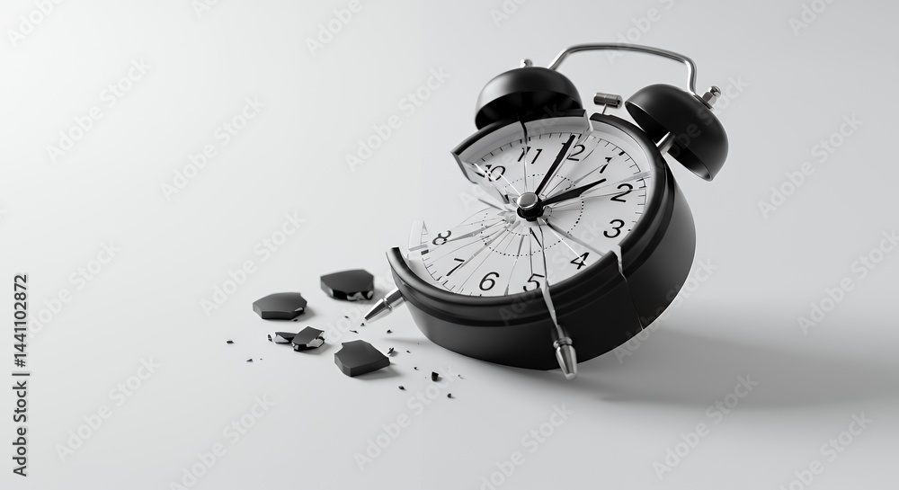 Poster shattered black alarm clock pieces on white backdrop in studio setting symbolizing time management a