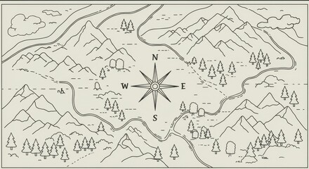 Cartoon Map with Mountains, Trees, and Compass Rose