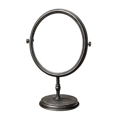 Fototapeta premium Dark-colored, antique-style tabletop mirror with a round, reflective surface. Vibrant green and yellow colors are shown in the reflection.