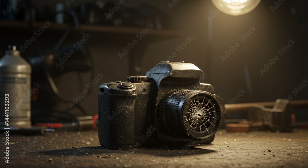 Poster shattered black digital camera with spiderwebbed lens on textured table in dim lighting ideal for ad