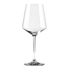 High-resolution  isolated  image  of  a  clear  wine  glass,  featuring  a  long  stem  and  wide  bowl.  The  glass  is  positioned  in  a    setting.