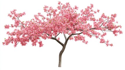 Fototapeta premium Pink cherry blossom tree, spring bloom, isolated, white background, garden design