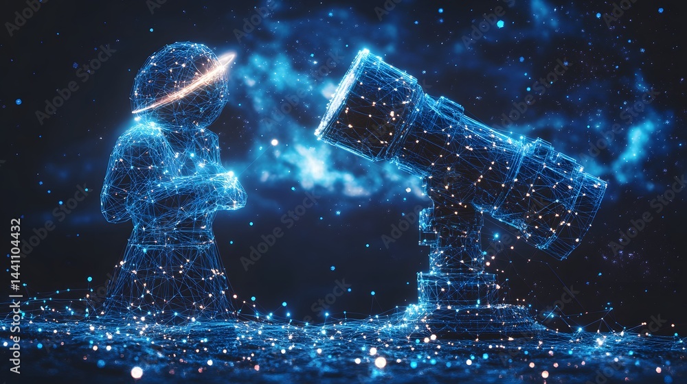 Aufkleber futuristic vision: a digital person and telescope stand against a starry expanse. wireframe design e