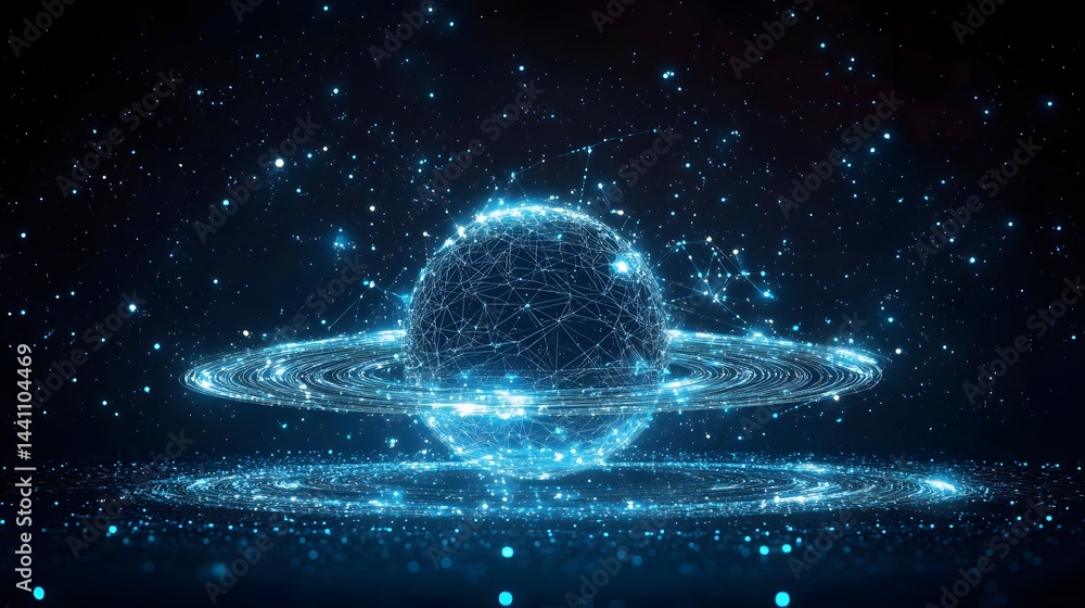 Aufkleber digital artwork featuring a wireframe sphere encircled by glowing rings against a dark, starry backd
