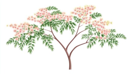 Pink flowering tree, isolated on white, botanical illustration, website design