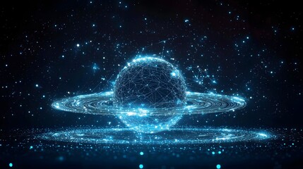 Obraz premium Digital artwork featuring a wireframe sphere encircled by glowing rings against a dark, starry backdrop. Perfect for technology or space themes. Abstract wireframe in dark blue.