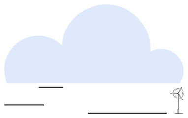 Large light blue cloud dominating the background with a solitary wind turbine on the side. Thin black horizontal lines add an abstract touch. Ideal for sustainability, innovation, environment, green