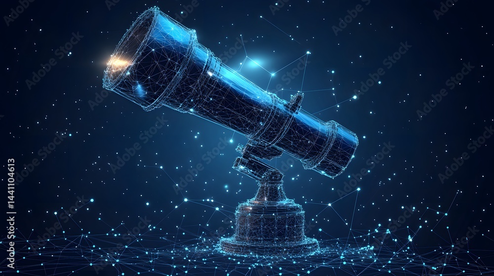 Aufkleber Futuristic digital telescope with glowing wireframe design against a starfield background. Light beam emanates from the top. Captivating image for tech enthusiasts. Abstract wireframe in dark blue