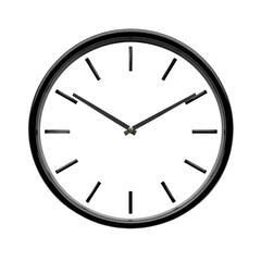 Close-up view of a sleek, black, circular wall clock with simple Roman numerals and black hands. The clock's design is modern and minimalist.