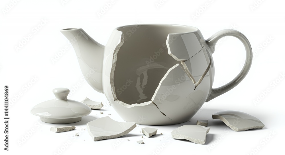 Poster shattered ceramic teapot fragments on white background in studio with stark shadows isolated object 