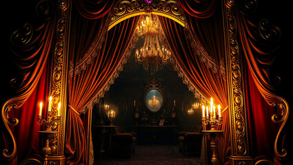 Opulent Baroque Theater Interior with Ornate Chandelier and Rich Vintage Curtains - Elegant Design & Mystical Lighting