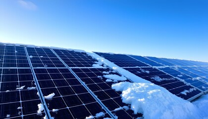 Solar panels, snowy landscape, blue sky, renewable energy, winter scenery, clean power, photovoltaic array, white snow contrast, sustainable technology
