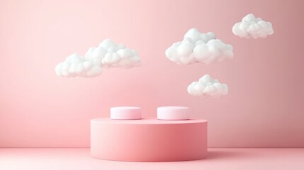 Pink Product Display with Two Podiums and Floating White Clouds
