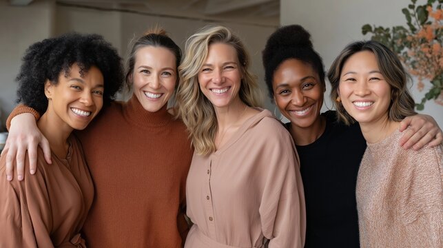 In a warmly lit space, a group of joyful women of various body shapes and sizes embraces each other, radiating happiness and celebrating their friendship