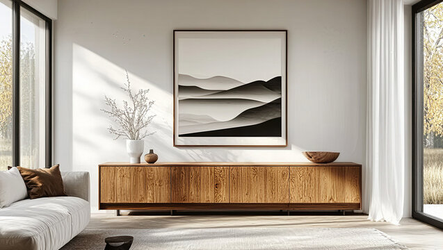 Scandinavian living room showcasing clean lines and minimalistic decor. A contemporary poster on the white wall enhances the elegant simplicity of the space illuminated by natural light - Home Backgro