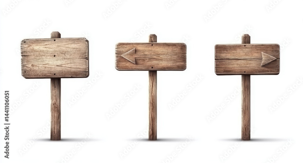 Poster a realistic set of isolated wooden sign posts on a transparent background, featuring modern illustra