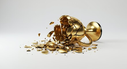 Shattered Gold Trophy Isolated on White Screen Symbolizing Broken Expectations and Setbacks in a White Backdrop Studio