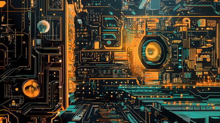 Fototapeta premium Closeup of laser lithograph on circuit board in a high-tech facility. Memory Foundry. Illustration