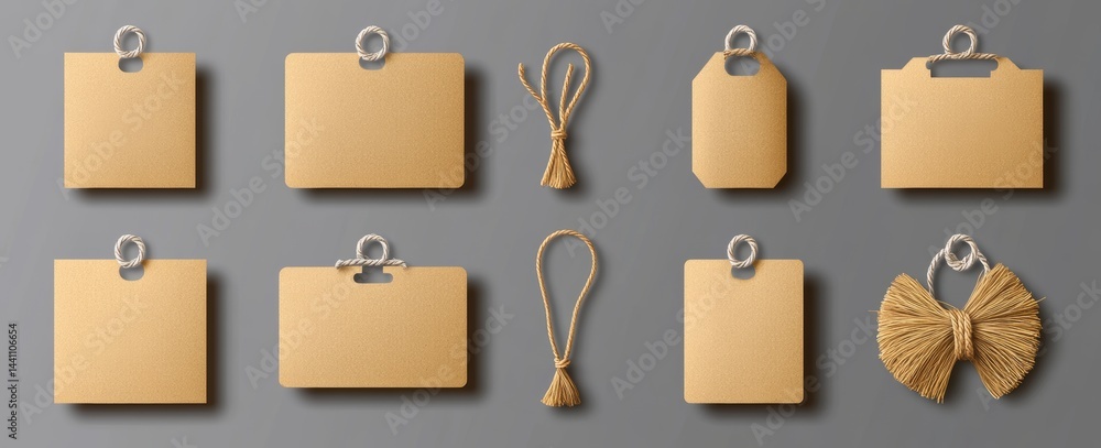 Poster a realistic collection of craft paper labels on string is isolated on a transparent background, show