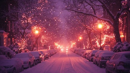 Snowy Street Illuminated with Festive Lights at Night During Winter