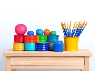 Colorful paint cans, balls, and brushes on a wooden table