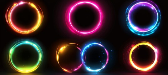 A modern effect set featuring optical halo flares with neon light is isolated on a transparent background, complete with a circle lens ring that has a glitter 3d digital design, radiant speed motion