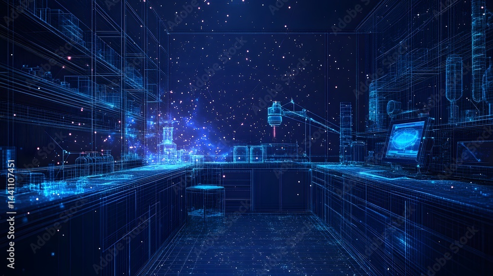 Poster futuristic blue wireframe laboratory featuring robotic arm, monitors, and beakers. a high-tech scene