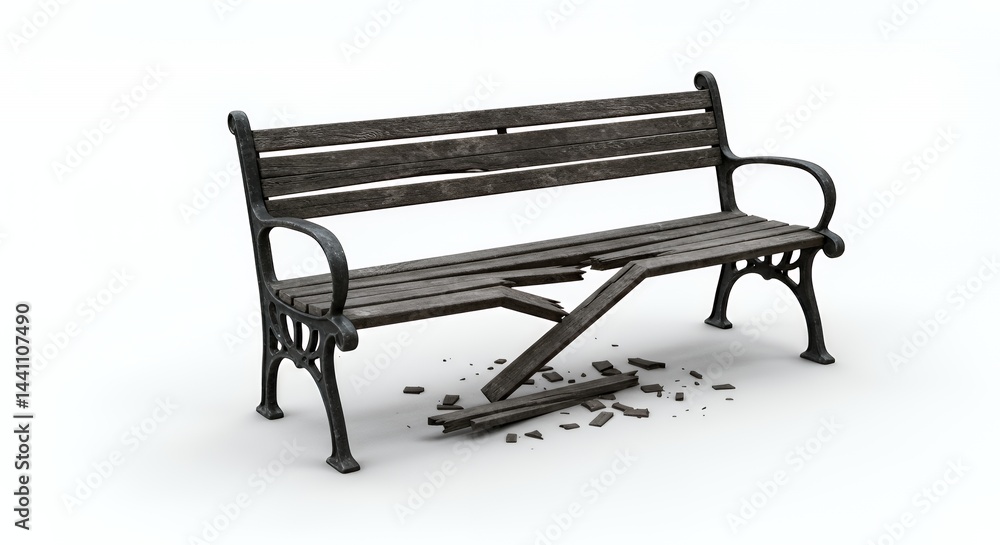 Poster shattered park bench splintered and alone on a blindingly white backdrop emphasizing abandoned recre