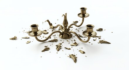 Shattered Ornate Candelabra With Golden Color Tone On White Background In Studio Shows Damage Destruction And Loss And Fragility For Decoration Backdrop Ads Promotion