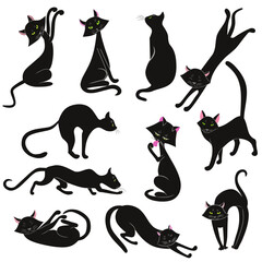Vector image of black cats in various poses on a white background. Set for print, composition.
