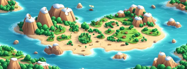 Modern background featuring an adventure game UI level map with an island in the ocean, accompanied by a volcano land, forest in snow platform, desert with cactus and stone in grass for a fantasy