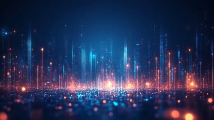 Futuristic neon cityscape with glowing skyscrapers and digital grid foreground