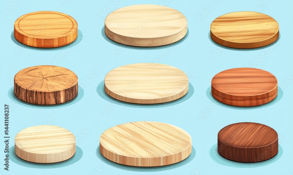Poster a 3d wooden product display stand featuring a square and circular design, complete with a high and l