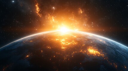 Obraz premium Fiery sunrise over a planet in space.