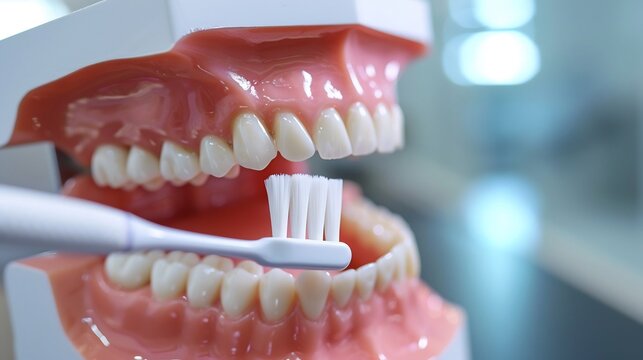 Dental model showing proper brushing technique with a toothbrush