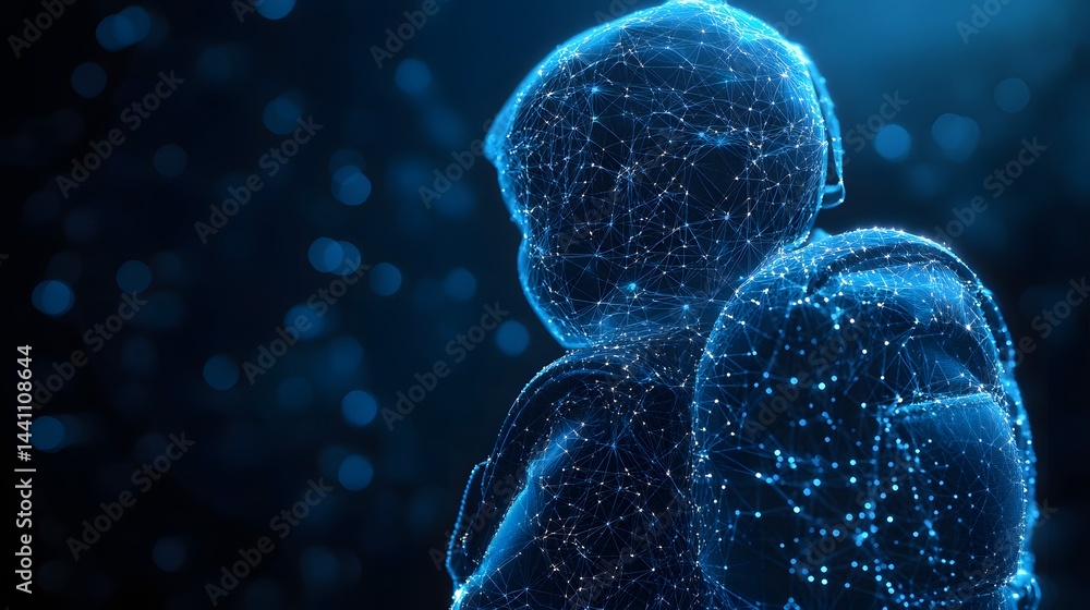 Aufkleber a glowing blue digital human figure is built from interconnected points in a dark, bokeh-filled back