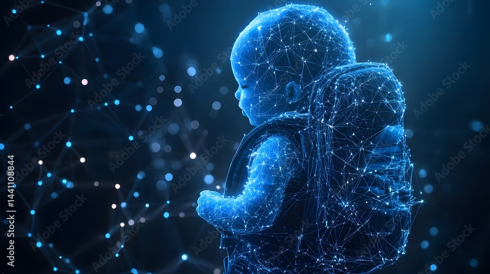 Aufkleber futuristic baby carrying a wireframe backpack, immersed in a digital network. vibrant blue hues emph