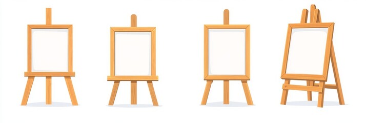 A 3D illustration of easel stands on a transparent background, featuring a modern wooden tripod with a blank white canvas, shown from the front and side, suitable for art studio or painting school