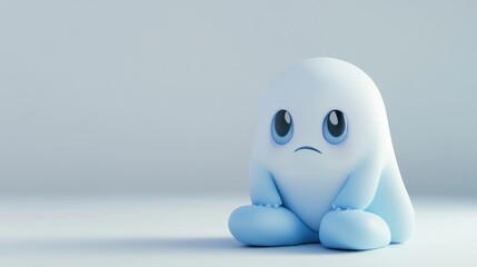 Sad cartoon ghost sitting, plain background, 3D render, children's book illustration