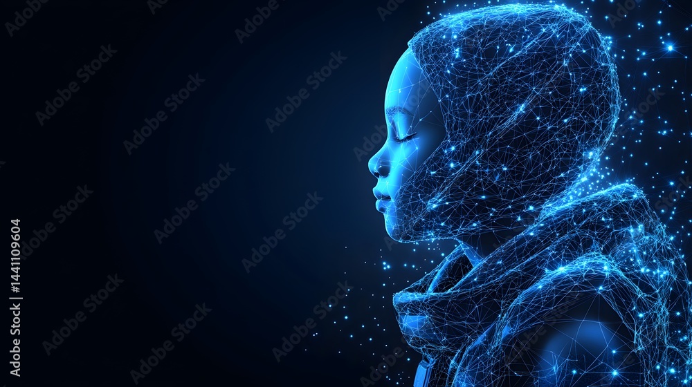 Aufkleber a child's serene face is rendered in a network of glowing blue lines against a dark backdrop, creati